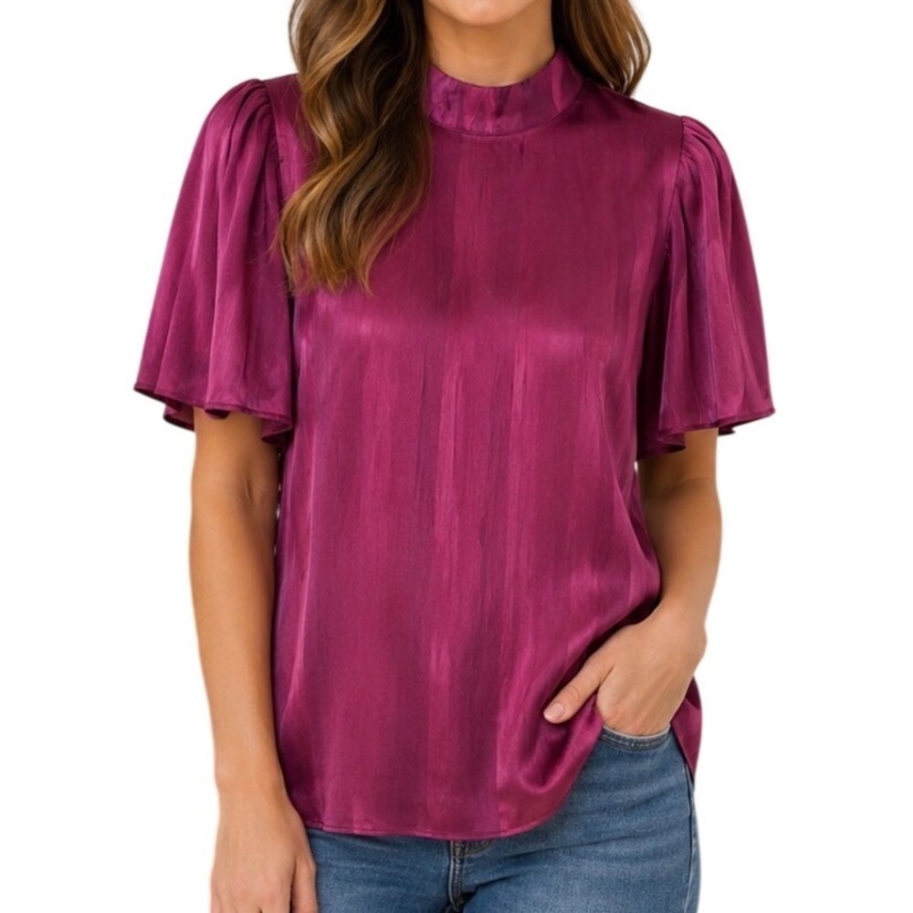 NEW LC Lauren Conrad NWT Blouse Size 0X Magenta Mock Neck Flutter Sleeve Shimmer